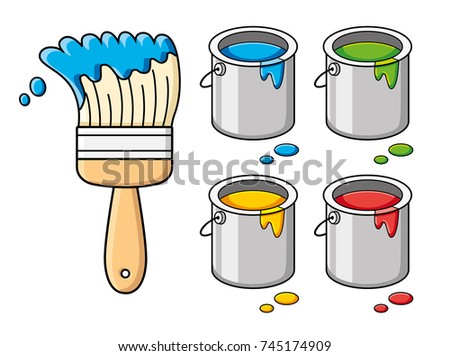 Blue paint brush and bucket can in different colors isolated