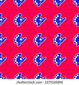 Blue Paint brush with palette icon isolated seamless pattern on red background.  Vector Illustration
