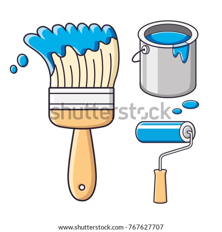 Blue paint brush, roller and bucket can icons isolated