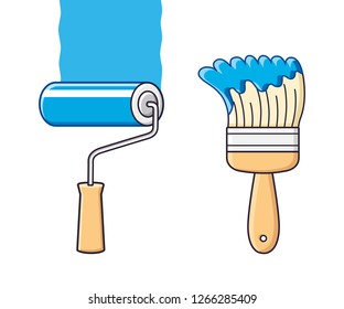 Blue paint brush and roller with stroke isolated