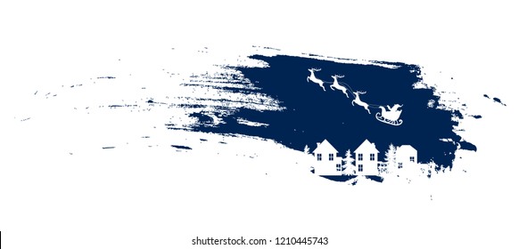 Blue paint brush stroke with beautiful Christmas scene in it.Santa Claus flying over houses and pine tree in his sleigh with deers in night sky vector illustration