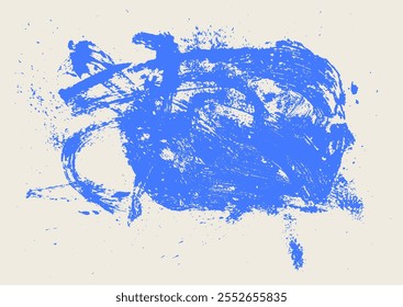 Blue paint brush stroke. Paint spot, text frame. Hand drawn abstract lines with grunge circle. Vector chaotic ink brush scribbles decorative. Template messy doodle, bold curvy lines illustration.