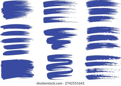 Blue paint brush strokes collection for creative design projects horizontal grunge textures and artistic swashes on transparent background