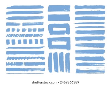 Conjunto de elementos de pinceladas de pintura azul. Líneas ásperas y Paquete de diseño de forma cuadrada. Paquete de Plantilla de cepillos ásperos. Diseño de trazo dibujado a mano.