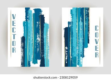 Blue paint ink brush stroke covers. Gold blue paint line stripes backgrounds, vector brochure templates set. Ink hand drawn style fron page templates.