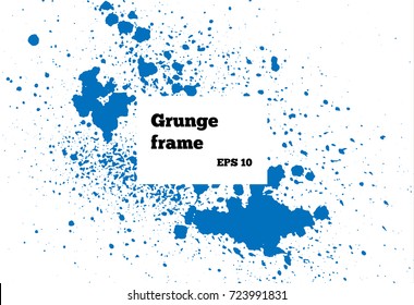 Blue paint, ink splash, brushes ink droplets, blots. Dirty artistic design elements, boxes, frames. Grunge frame with space for your text or image. Template space for your text or image.