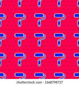 Blue Paint roller brush icon isolated seamless pattern on red background.  Vector Illustration