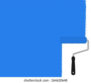 Blue paint roller painting the wall. Vector background clip art illustration 