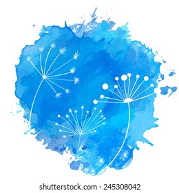 Blue paint splash with white silhouettes of umbel plants. Abstact nature vector  background. 