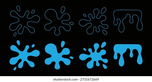 La pintura azul salpica y gotea Formas líquidas sobre un fondo negro. Las manchas de tinta Abstractas y las salpicaduras de líquidos crean un efecto creativo audaz. Ideal para arte, graffiti y conceptos de diseño.