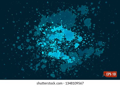 Blue paint splatter, dirty. Effect with noise and grain, blue watercolor paint brush splashes. Blue background pattern for design. Vector illustration.