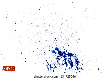 Blue paint splatter, dirty. Effect with noise and grain, blue watercolor paint brush splashes. White and blue background pattern for design. Grunge urban texture template. Vector illustration.