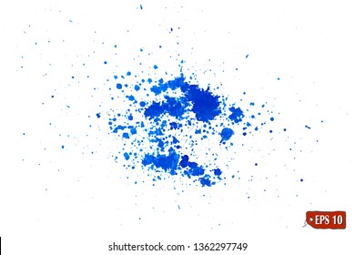 Blue paint splatter, dirty. Effect with noise and grain, blue watercolor paint brush splashes. White and blue background pattern for design. Vector illustration.