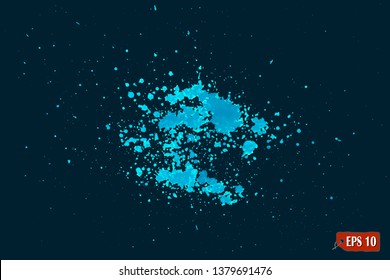 Blue paint splatter, dirty. Effect with noise and grain, blue watercolor paint brush splashes. Blue background pattern for design. Vector illustration.