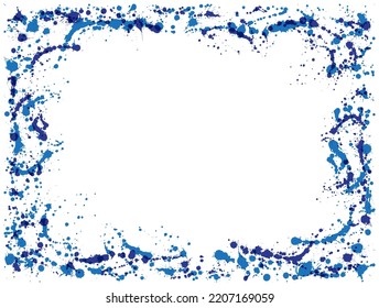 Blue paint stains frame vector. Ink splashes border. Blue frame of paint stains on white background. Empty text space. Azure ink splatter creative border for text, card background