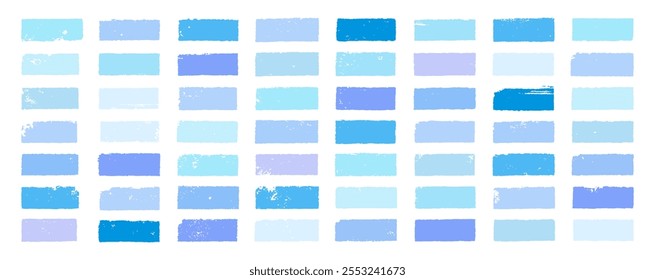 Blue paint swatches. Vector winter brush strokes set. Grungy splashes. Dab smears. Grunge ink labels. Snow color text frame highlights. Gouache grunge smudges. Watercolor brushstroke daub highlights