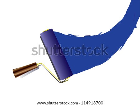 Blue paint swoosh or splat with roller with handle and shadow
