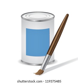 blue paint tin and paint brush