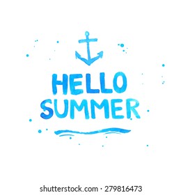 Blue paint wave stroke with doodle waves, anchor and text hello summer. Vector background