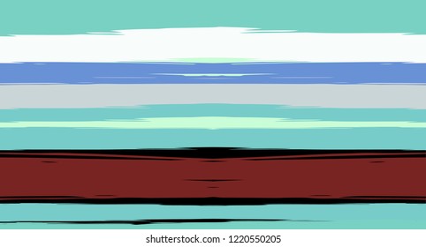 Blue Paintbrush Horizontal Seamless Sailor Stripes. Geometric Retro Summer Maritime Texture Prints. Hand Painted Male or Female T-Shirt Funky Pattern Design. Trace Blue Watercolor Sailor Stripes