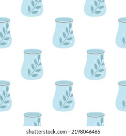 Blue painted bowls for drinks seamless pattern. Kitchen pottery background. Print with porcelain cups for textile, wrapping, paper vector illustration