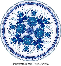 Blue painted flowers in traditional Russian style vector circle plate pattern on white background