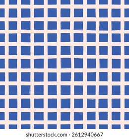 Blue Painted Grid. Decorative seamless pattern. Repeating background. Tileable wallpaper print.