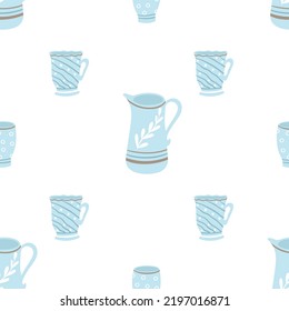 Blue painted porcelain jugs and cups seamless pattern. Continuous background with beautiful ceramic tableware. Print for textile, packaging, paper and design vector illustration.