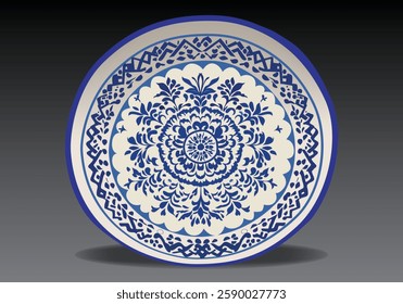 Blue Painted Porcelain Plate Floral Ornament Pattern, vector illustration for design elements.