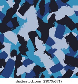 Blue painted roller hand drawn camouflage with dry brush strokes. Seamless navy smear grunge pattern. Urban military camo texture, fashionable fabric. masking color. Vector