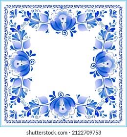 Blue painted style flowers vector square frame shawl pattern with white background
