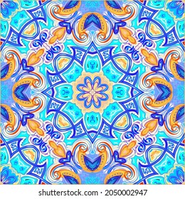 Blue painting on ceramic tile. Seamless pattern ornament. Arabesque pattern for fabric, wallpaper, embroidery, decoration. Geometric mandala with Spanish ethnic motifs. Drawing in kaleidoscopic style