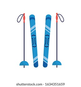 Blue pair of skis and poles isolated on white background - flat icon of winter sport equipment for mountain skiing seen from top view. Vector illustration.