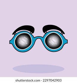 A blue pair of sunglasses with black lenses and a black frame with the word sunglasses on it