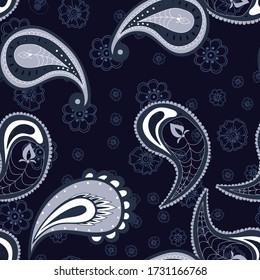 Blue Paisley Asian Vector Seamless Pattern. Abstract Leaf Background. Ornament Modern Wallpaper. Indigo Oriental Tile.