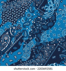 Blue paisley bandana fabric patchwork abstract vector seamless pattern