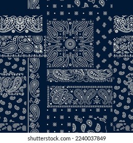 Blue paisley bandana fabric patchwork abstract vector seamless pattern svg