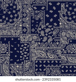 Blue paisley bandana fabric patchwork wallpaper vintage vector seamless pattern