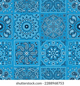 Blue Paisley fabric tiles patchwork wallpaper vintage vector seamless pattern svg