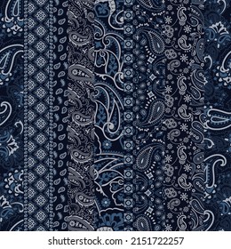 Blue paisley flowers bandana fabric patchwork abstract vector seamless pattern