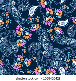 Blue Paisley and flowers - seamless background