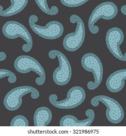 Blue paisley made of triangles. Seamless pattern. Low-poly polygonal textures. Polygonal paisley background. Geometric paisley backdrop.
