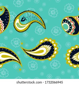 Blue Paisley Modern Vector Seamless Pattern. Turkish Lace Tile. Ornament Persian Background. Green Indian Print.