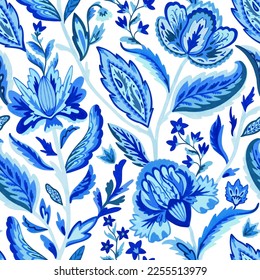 Blue paisley ornamental seamless pattern in indian style. Ornate decorative floral motif. Vector illustration