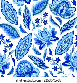 Blue paisley ornamental seamless pattern in indian style. Ornate decorative floral motif. Vector illustration