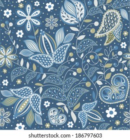 Blue paisley pattern. Vector indonesian batik. Floral paisley pattern. Indian floral fabric design. Blosson flowers vector illustration. Design for fabric, cover, wrapping paper, carpet