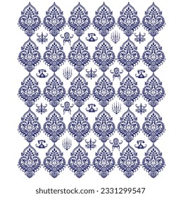 blue paisley vintage style pattern with different object 