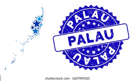 Blue Palau map mosaic of stars, and scratched rounded seal. Abstract geographic scheme in blue color hues. Vector Palau map is shaped of blue stars. Designed for political and patriotic propaganda.