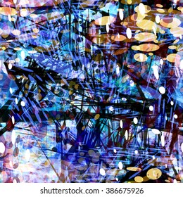 Blue, pale, black spots, lines, scratches and sharp edges randomly mixed. Complicated seamless pattern. Vector, scribble. Easy editable. Triangular and oval elements. Grunge background