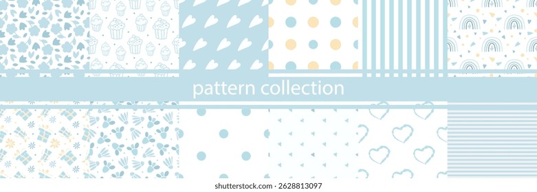 Blue and pale blue seamless pattern. Lots of cute polka dot, rainbow, heart, dot and stripe prints. Pastel texture in retro style. A delicate background for baby fabric and album.